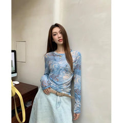 Lunivop Vintage Tie Dye Printed O-neck Slim Fit Tee Shirt Y2k Thin Mesh Long Sleeved T-shirts Summer New Chic Top for Women