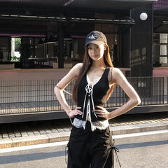 Lunivop Summer New Sleeveless Tank Top Lace Patchwork Fake Two Piece T-shirts Fashion Sweet All-match Black Vest for Women