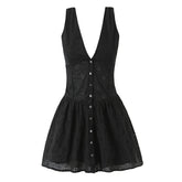 Lunivop Summer Sexy Hollow Out Hole Deep V neck Tank Dress Women Open Buttons Slim Waist Folds Hem A-lined Sleeveless Dresses Vestidos