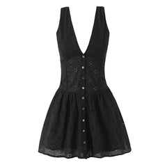 Lunivop Summer Sexy Hollow Out Hole Deep V neck Tank Dress Women Open Buttons Slim Waist Folds Hem A-lined Sleeveless Dresses Vestidos