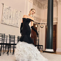 Lunivop Black and White Mermaid Evening Dresses Off Shoulders Backless Women 피로연드레스 Elegant Wedding Party Gowns Without Glove Custom