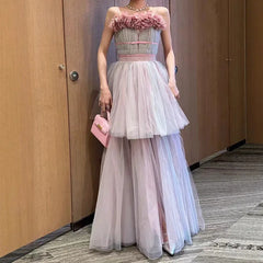 Lunivop Fashion Women Dress Sleeveless 3D Flowers Splicing Double-layer Large Skirt Hem Female Party Dress New Tide