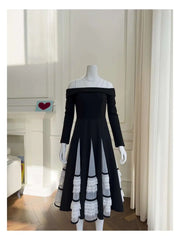 Lunivop Elegant Luxury Evening Dress Slash Neck Long Sleeve Slim Contrast Color Patry Dresses For Women New Spring