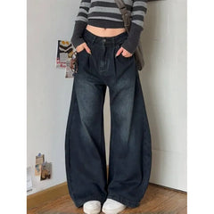 Lunivop Blue High Waist Women Jeans Feeling Vintage Straight Casual Baggy Streetwear Y2K Ripped Wide Leg Female Trouser Denim Pants