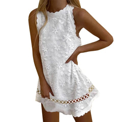 Lunivop Ladies Casual Dresses Round Neck Solid Colour Sleeveless Straight Short Dress For Woman Hollow Out Summer White Dress Vestidos