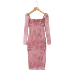Lunivop Sexy Mesh Spliced Lace Low Chest Corset Style Midi Dress Tie-dye News Paper letter Print Long Sleeve Package Hips Party Dresses