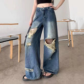 Lunivop Summer High Waist Ripped Denim Pants Women American Retro Streetwear Y2K Wide Leg Jeans Loose-Fit Slimming Straight Pants