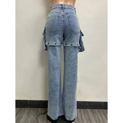 Lunivop Women Hollow Out Hipster Detachable Jeans Pants Fashion Button Fly Zipper 3D Pocket Casual Denim Trousers Y2k Streetwear Bottoms