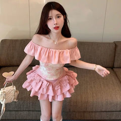 Lunivop Y2k Sweet Slash Neck Ruffles Slim Fit Top for Women+ High Waist Bow Ruched Cake Skirts Summer New Two Piece Sets