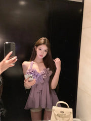 Lunivop Women Camis Flowers Sleeveless Halter V Neck Bandage Sexy Slim Backless Sweet Elegant Tank Tops Female Casual Fashion