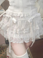Lunivop Sweet Kawaii Skirts Women Lolita Coquette Lace Bow Patchwork Mini Skirt White High Waist Cute Summer A-line Short Skirt