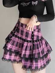 Lunivop Mall Goth Gothic Lace Ruffle Mini Skirts Womens Harajuku Fairy Grunge Pink Plaid Pleated Skirt Japanese Lolita Streetwear