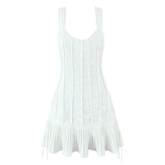 Lunivop Sweet Girl O Neck Sleeveless White Tank Mini Dress Women Side Bandage Pleated Hem Casual Holiday Summer Dresses Short Robe