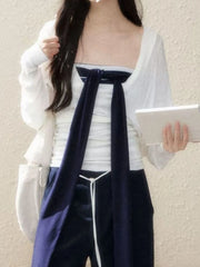 Lunivop Korean Style Two-piece Set T Shirt Women Elegant Sweet Striped Transparent Tees Fashion Loose Streetwear White Tops