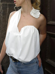 Lunivop White Floral Off-Shoulder T-shirt Pullover Women's Backless Lace-Up High Waist Summer Shirts Top Female Patchwork Tee Top