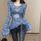 Lunivop Elegant Sweet Mesh Long Sleeve T-shirts Y2k Slim Fit Irregular Top for Women 2025 Spring New Bottoming Blue Tee Shirt