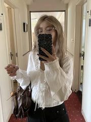 Lunivop Lace Up Sweet White Shirts Women Vintage Long Sleeve Cropped Blouse Casual V Neck Female Korean Elegant Retro Tops New
