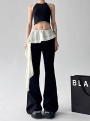 Lunivop Lace Patchwork Lace Up Pants for Women New Slim Fit Fake Two Piece Flare Pants Y2k High Waist Black Straight Trousers