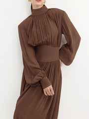 Lunivop Tapered Waist Flower Bud Maxi Dress Women's Puff Sleeves Fashion Solid Round Neck Contrast Slim Party Dress Female Dress