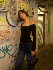 Lunivop American Retro 90s Halter T Shirt Women Long Sleeve Black Slim Streetwear Y2k Vintage Tee Female Clothes Skinny Tshirts