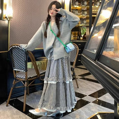 Lunivop Deeptown Kawaii Harajuku Plaid Skirt Women Preppy Style Sweet Long Skirts Retro Lace Patchwork A-line Ruffle Skirts Streetwear