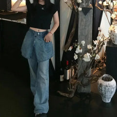 Lunivop Fake Two Pieces Distressed Loose Casual Jeans Women 2024 Autumn New Streetwear Fashion All Match Washed Denim Wide Leg Pants