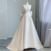 Lunivop Vintage Satin Wedding Party Dress Sleeveless French Simple Fairy Slim Waist Prom Robe V-neck Back Bow Design Evening formal dress