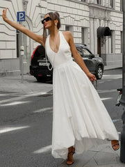 Lunivop White Sexy Sleeveless Halter Dress For Women 2024 Autumn New A-Line Long Dress Lady Elegant Bodycon Evening Party Dresses