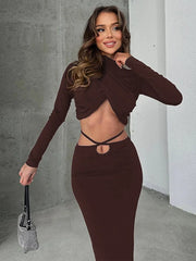 Lunivop Sexy Skirt Two Pieces Sets For Women Long Sleeve Lace-up Crop Top And Long Skirt Elegant Bodycon Sexy Two Pieces Sets
