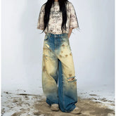 Lunivop Women's Blue Print Ripped Jeans Harajuku Y2k 2000s Style Baggy Denim Trousers Vintage Punk Trashy Oversize Jean Pants