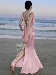 Lunivop Sweet Pink Backless Womens Dresses Sexy Spaghetti Strap Sleeveless Wedding Evening Dress Elegant Gown Female Split Vestidos New