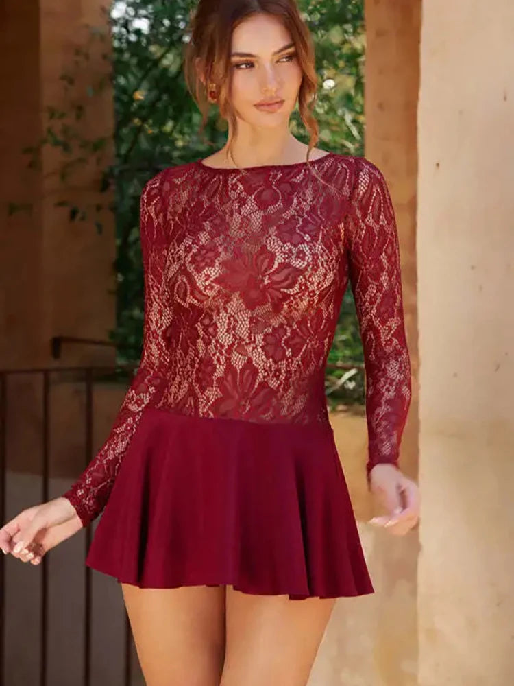 Lunivop Patchwork Sexy See Through Lace Women Dress Red Long Sleeve A-line Dress Female Spring Slim Elegant Party Clubwear