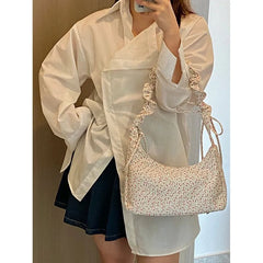 Lunivop Fairycore Floral Canvas Shoulder Bags Women Harajuku Drawstring Chic Casual Handbag Female Sweet Cute Messenger Bag Y2k