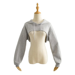 Lunivop Autumn Rope Hooded Long Sleeve Hoodies Extra Cropped Sweatshirt Cape Women High Waist Casual Jumper Short Sweats Gray White