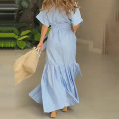 Lunivop Striped Shirt Dress Women with Sashes Summer Beach Woman Half High Waist Turn-down Collar Pocket A-Line Sundress