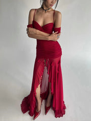 Lunivop Cutenew Valentine's Day Seetw Dress Women Sexy Strap Off The Shoulder Backless Mesh Patchwork Appliques Ruffle Slim Slit Bodycon
