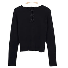 Lunivop Sexy Hollow Out Grunge Ruffled Shirts Femme Slim Y2k Aesthetic Solid Streetwear Cropped Tops Women Harajuku Grunge Bow T-shirt