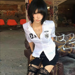 Lunivop Y2k Japanese Striped Shirt Women Three Quarter Print Graphic Tops 2000s Aesthetic Tops Japanese Summer Crop Tops Grunge