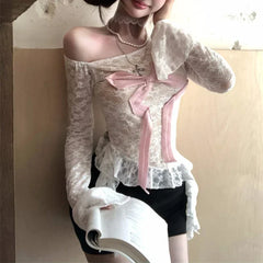 Lunivop High Street Hollow Sheer Sexy Long-sleeved T-shirt Women Autumn New Skew Collar Strapless Contrast Color Patchwork Tops