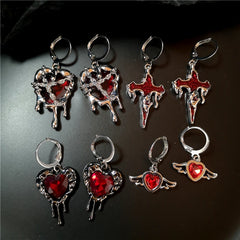 Lunivop Gothic Punk Irregular Red Crystal Heart Cross Pendant Earrings For Women Men Grunge EMO Aesthetic Rave Jewelry Y2K Accessories