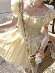 Lunivop New Super Fairy Slim Fresh Sweet Cute Dresses Sleeve Chic Yellow A-line Mini Dress Women Spring Summer Fashion Vestido