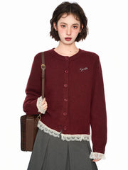 Lunivop Lace Patchwork Retro Cardigan Women Streetwear Long Sleeve O Neck Knitted Sweaters American Casual Letter Vintage Fall Tops