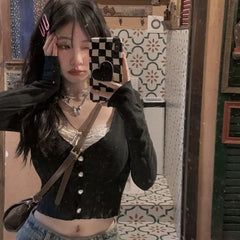 Lunivop Y2k V-neck Patchwork Lace Cardigan for Women Thin Long Sleeve Tops Mujer Spring Autumn New Slim Fit Knitted T-shirts