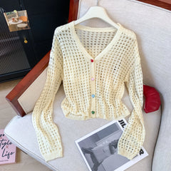 Lunivop Crochet Cardigan Women Multicolor Heart Button Front Long Sleeve Sheer Openwork Knit Top Jacket Teen-girl Boho Vacation Outfit