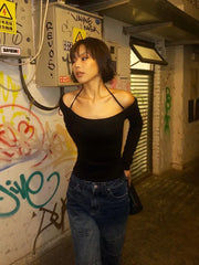 Lunivop American Retro 90s Halter T Shirt Women Long Sleeve Black Slim Streetwear Y2k Vintage Tee Female Clothes Skinny Tshirts