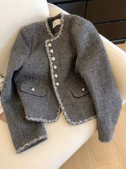 Lunivop Zoki Gray Faux Woolen Coat Women Elegant Slim Vintage Long Sleeve Coat Casual O Neck Korean Retro Female Fall Winter Tops New