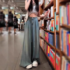 Lunivop Oversized Silky Jeans for Women Spring Autumn Thin Style Plus Size Ice Silk Flared Wide Leg Casual Pants