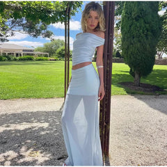 Lunivop Mesh Patchwork Sheer Maxi Skirts Suit Women Summer Sexy Off Shoulder Slim Tops Two Piece Sets Chic Lady Elegant Long Dress 2025