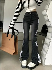 Lunivop American Alt Streetwear Women Pantalones De Mujer Bandage Jeans Wide Leg Denim Flare Pants Trousers Y2k