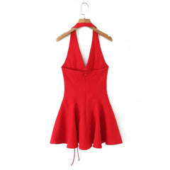 Lunivop Sexy Red Halter Dress Women Slim Low Waist Spliced 3D Flower Swing A-lined Backless Short Dresses Summer Robe
